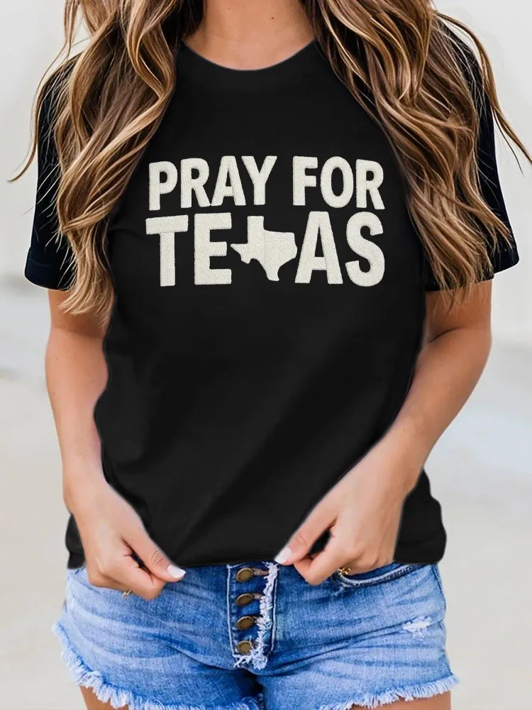 Ladies PPRY FOR TEXAS Simple Letter Print Round Neck Shirt