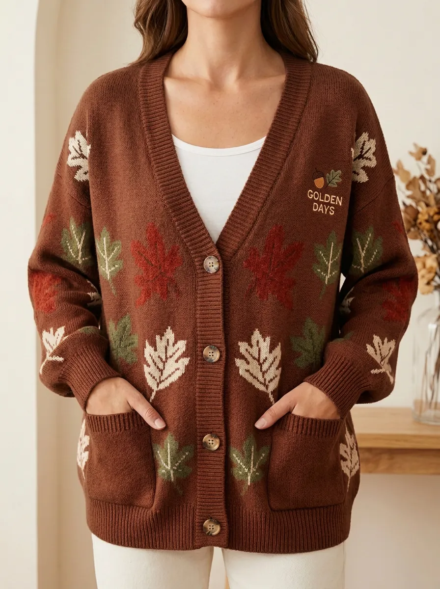 Rustic Maple Leaf Pattern Embroidered Women's Knit Cardigan