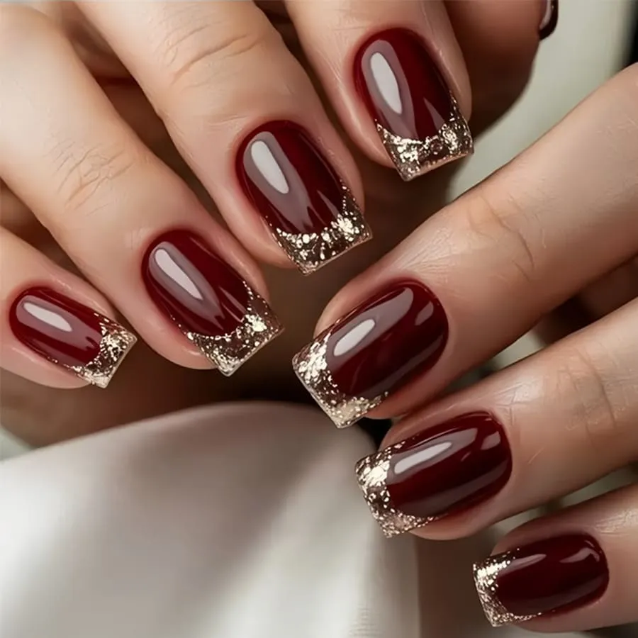 Nailhour 24Pcs Red French Short Square Gilded Press On Nails