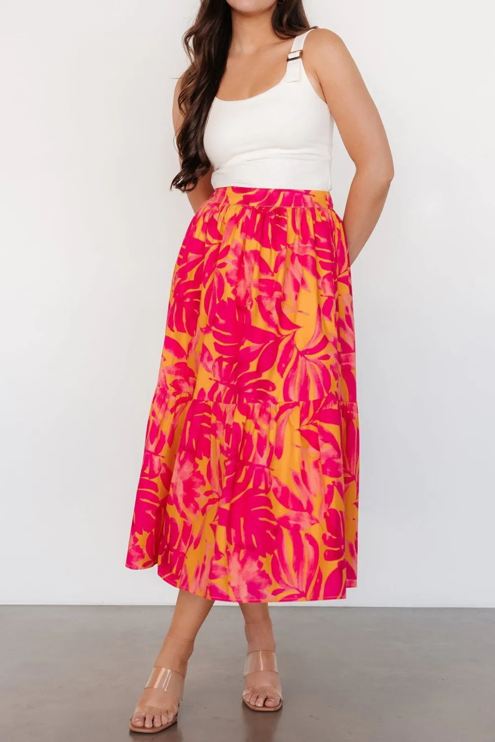 Orange Flowy High-Waisted Floral Print Skirt
