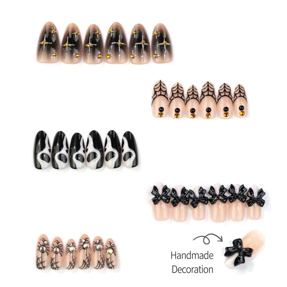 Nailhour 30Pcs Halloween Gilded 3D Medium Almond Dark Press On Nails