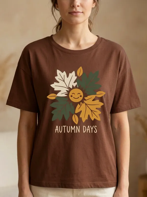 Smiling Sun Maple Leaf Printed Women's Graphic T-Shirt