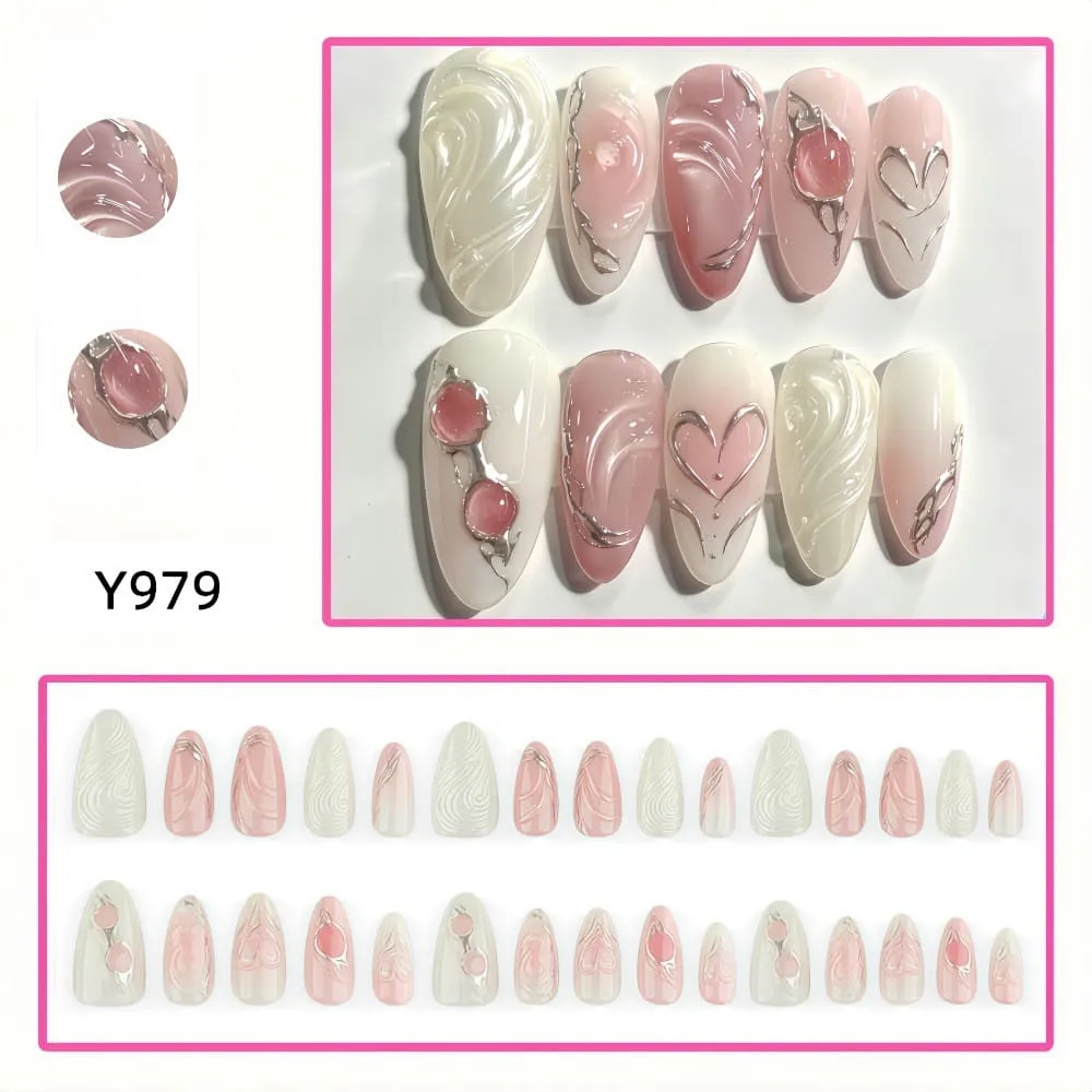 Nailhour 30Pcs Gradient Pink 3D Medium Almond French Press On Nails