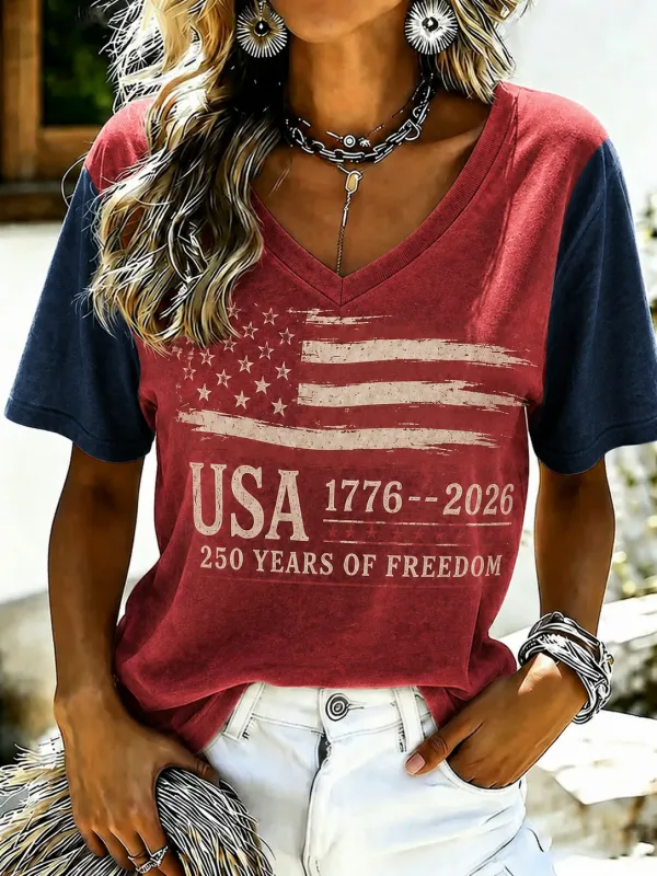 Women'S Retro Independence Day Printed Casual Short Sleeved T-Shirt