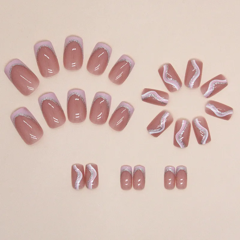 Nailhour French Square Nude Clean Girl 24Pcs Pink Wedding Press On Nails