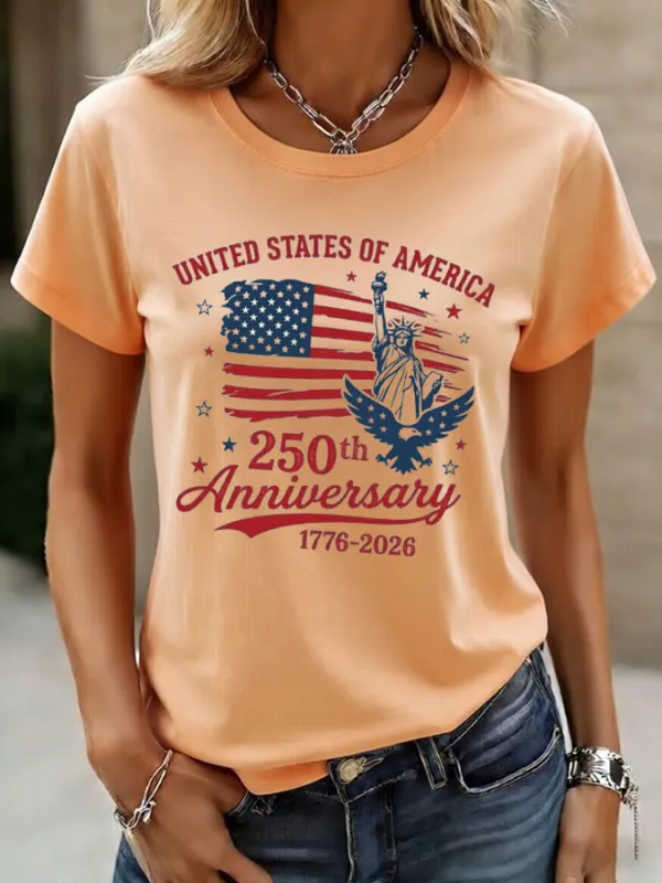 Women'S American Independence Day 250Th Anniversary Printed Round Neck Short Sleeve T-Shirt