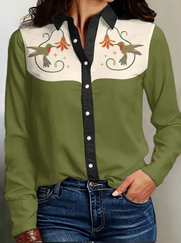 Women's Hummingbird Floral Print Western Long Sleeve Shirt
