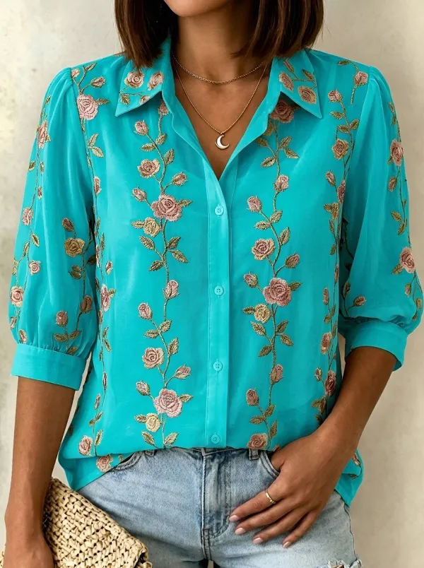Women's Breast Cancer Awareness Pink Rose Floral Embroidered Button-up Shirt