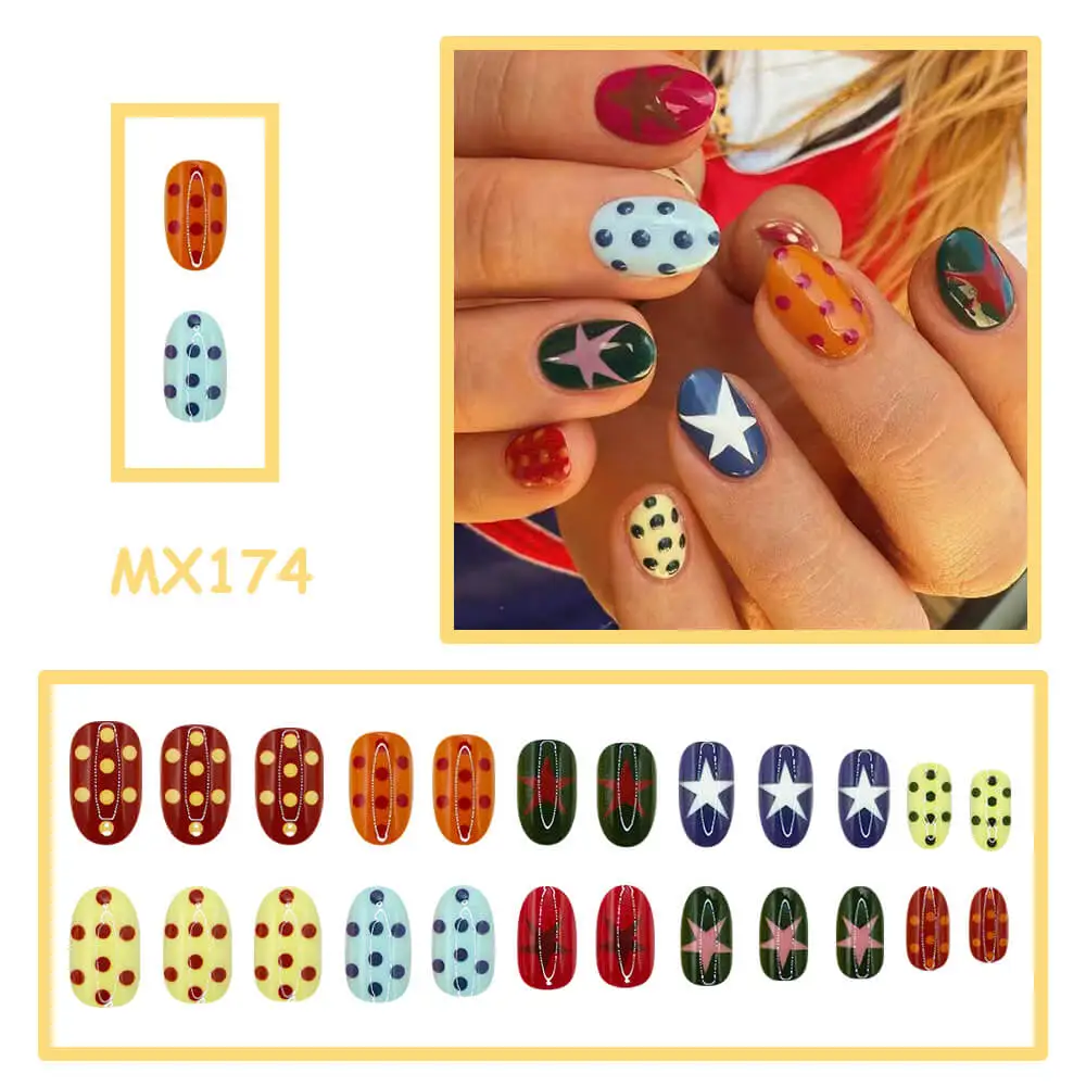 Nailhour 24pcs Short Oval Multicolor Polka Dot & Star Design Press On Nails