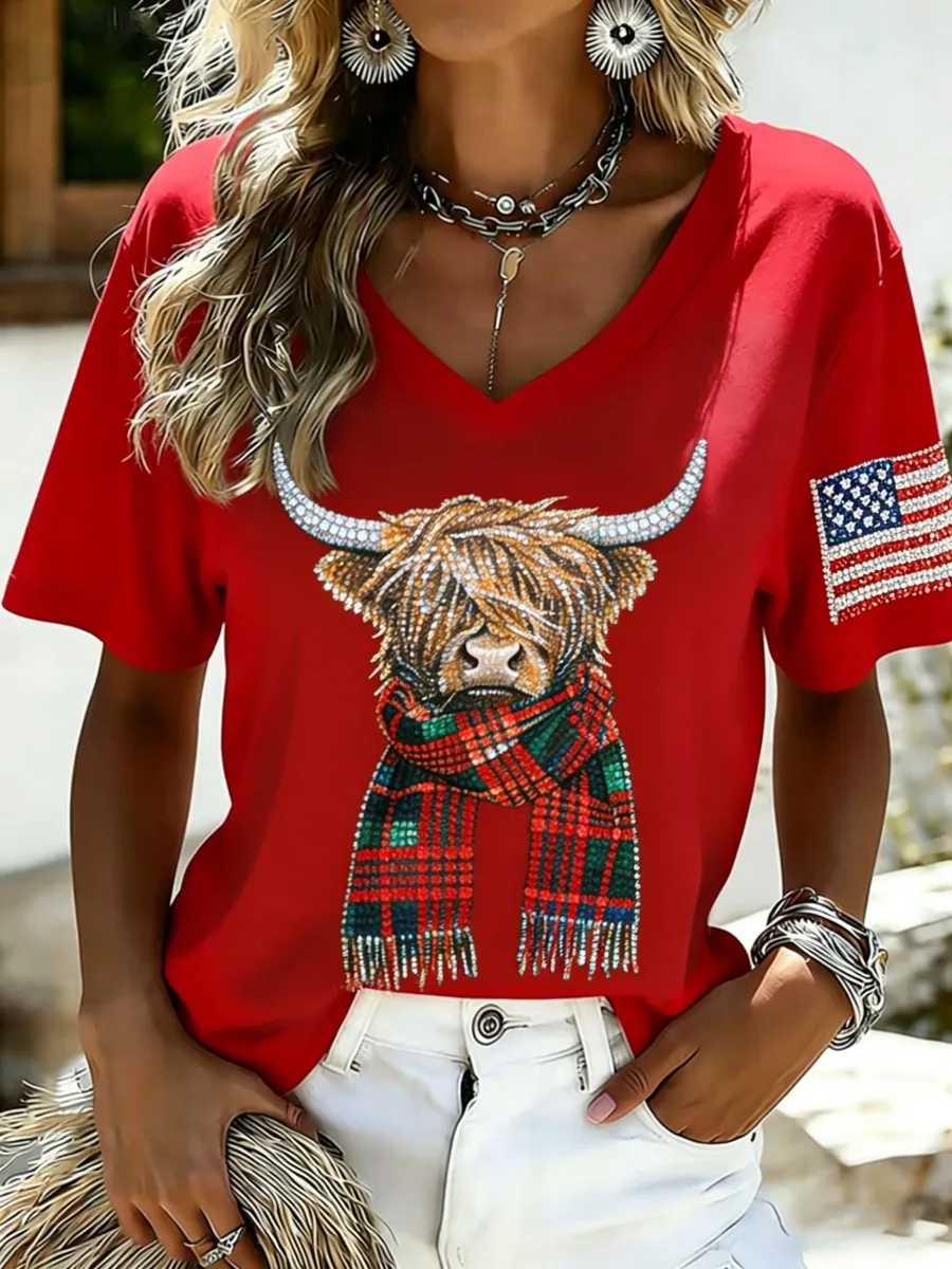 U.S. 250th Anniversary Rhinestone Highland Cow Design Women's V-Neck T-Shirt