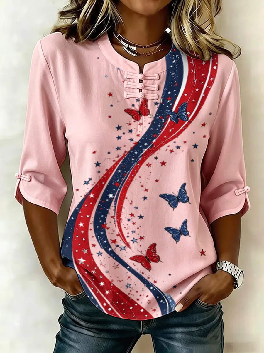Women's Retro Flag Print Cotton Linen Top