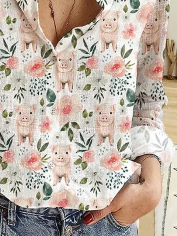 Cute Pig Floral Button Shirt