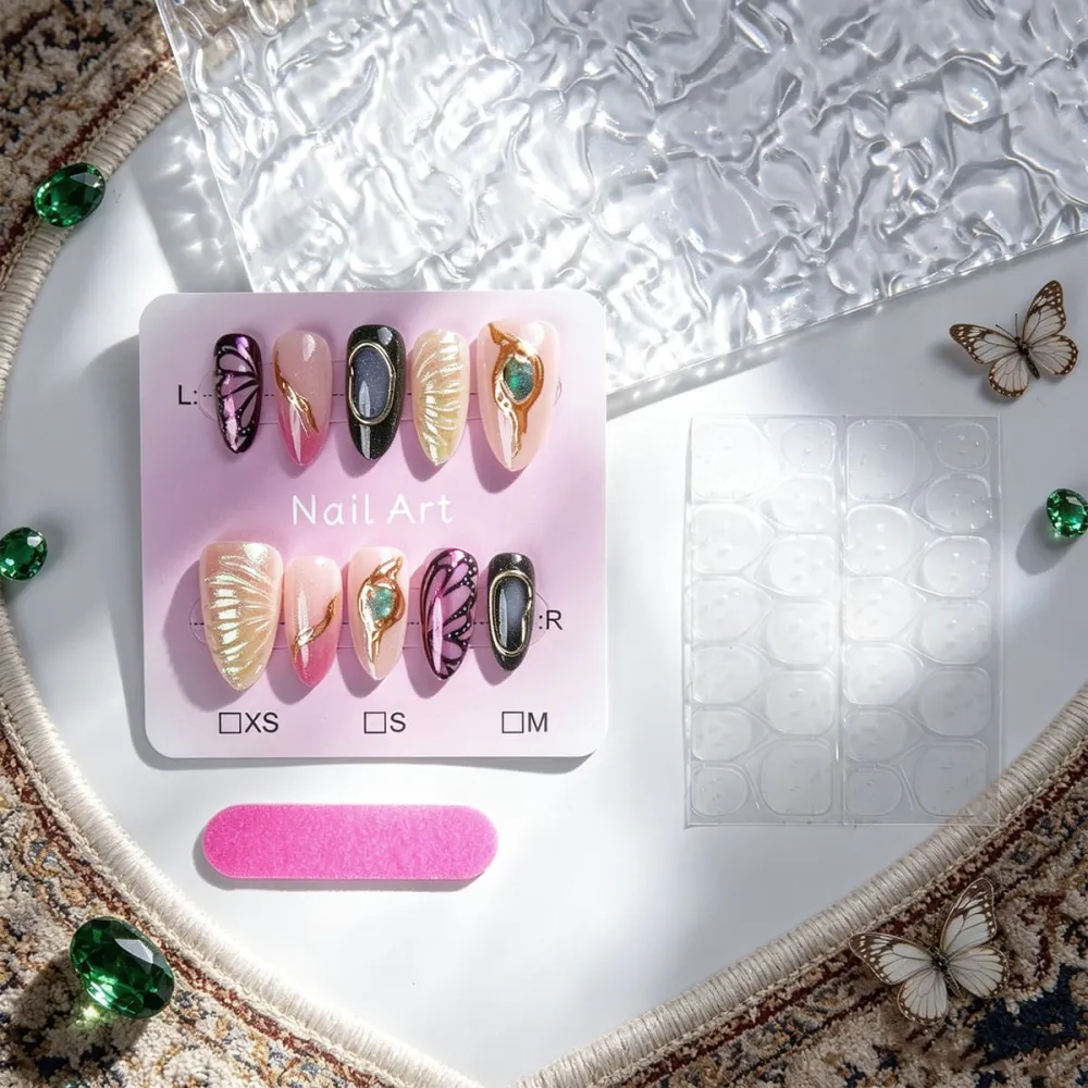Nailhour 30Pcs Handmade Butterfly 3D Medium Almond French Press On Nails
