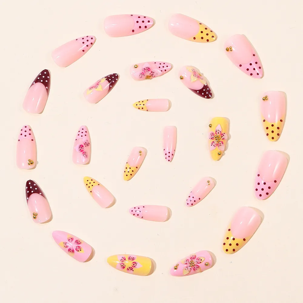 Nailhour 24Pcs Pinkn 3D Floral Vintage Medium Almond Press On Nails