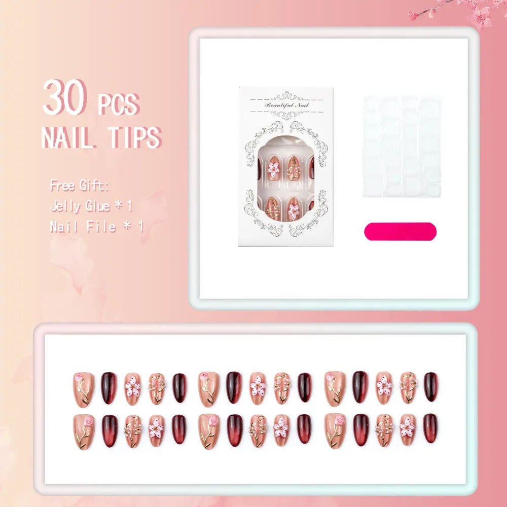 Nailhour 30Pcs Floral Gilded 3D Cat Eye Medium Almond French Press On Nails