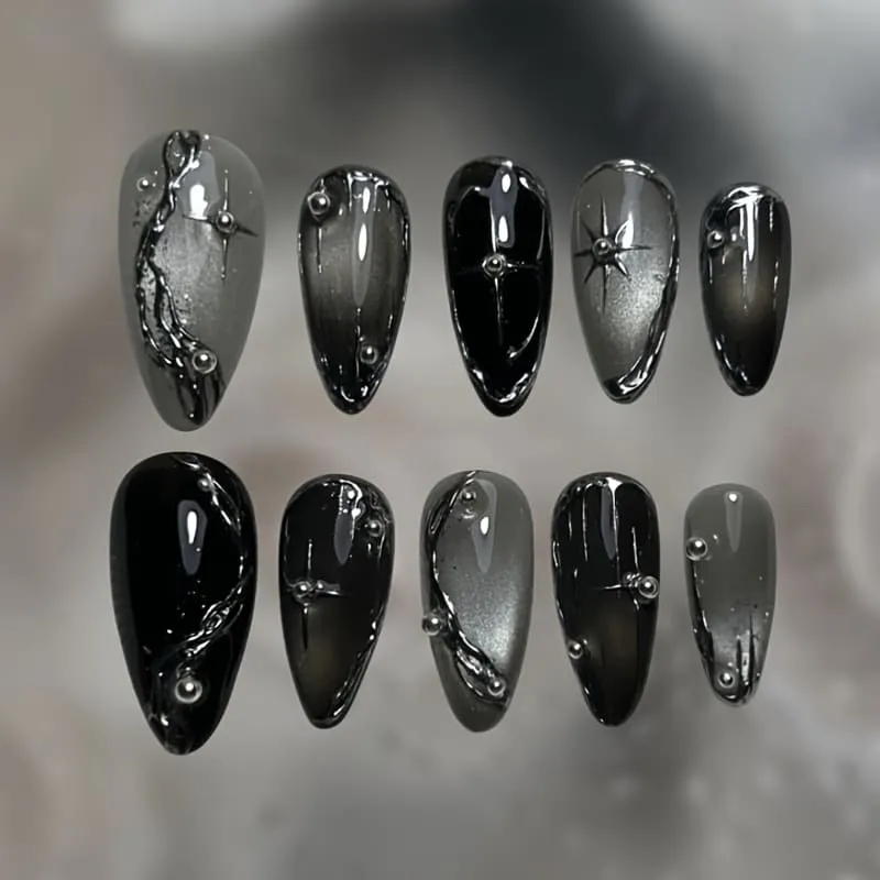 Nailhour 30Pcs 3D Rhinestone Cat Eye Gothic Party Medium Almond Black Press On Nails