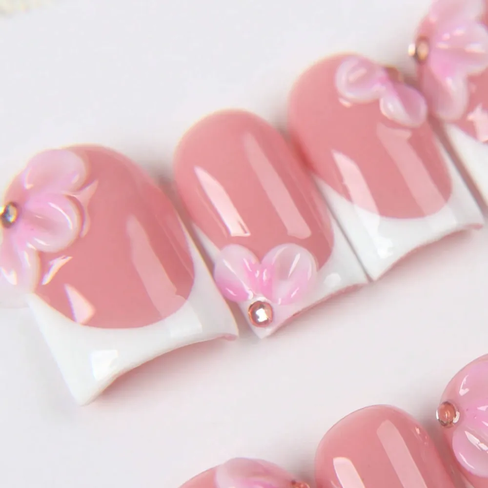 Nailhour 10Pcs Handmade Short Square French Style With 3D Flower Press On Nails