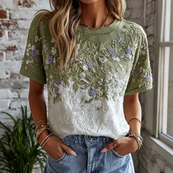 Women's Retro Floral Art Printed Color Block Cotton Linen Casual T-Shirt