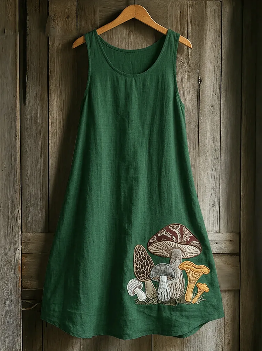 Women's Mushroom Lover Forest Botanical Printed Cotton Linen Dress