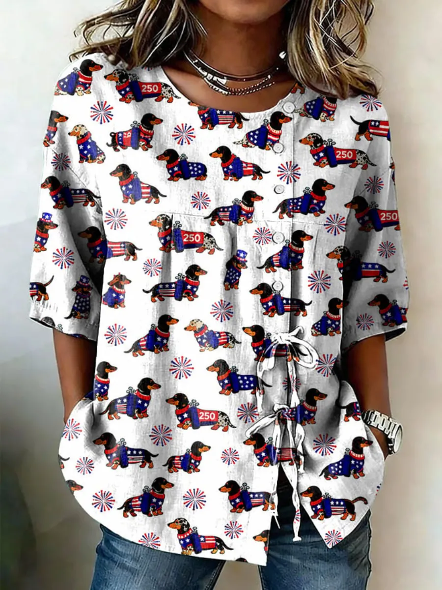 Women'S Casual American Flag Dog Cotton And Linen Shirt