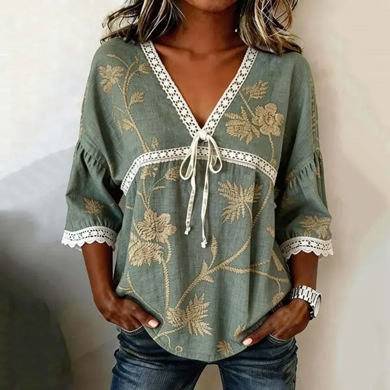 Women'S V-Neck Lace-Sleeve Printed Shirt