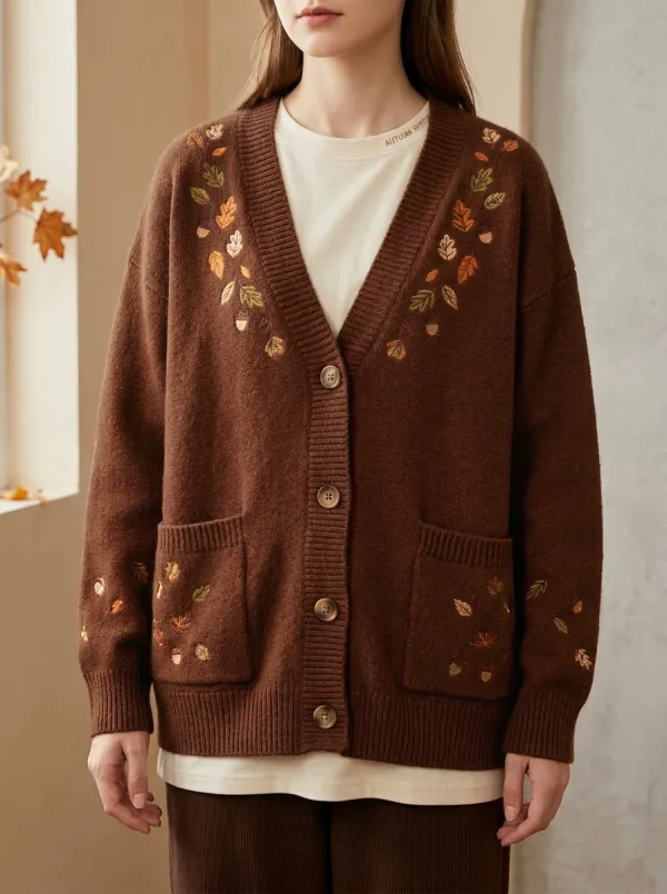Leaves Acorn Embroidered Women's Knit Cardigan