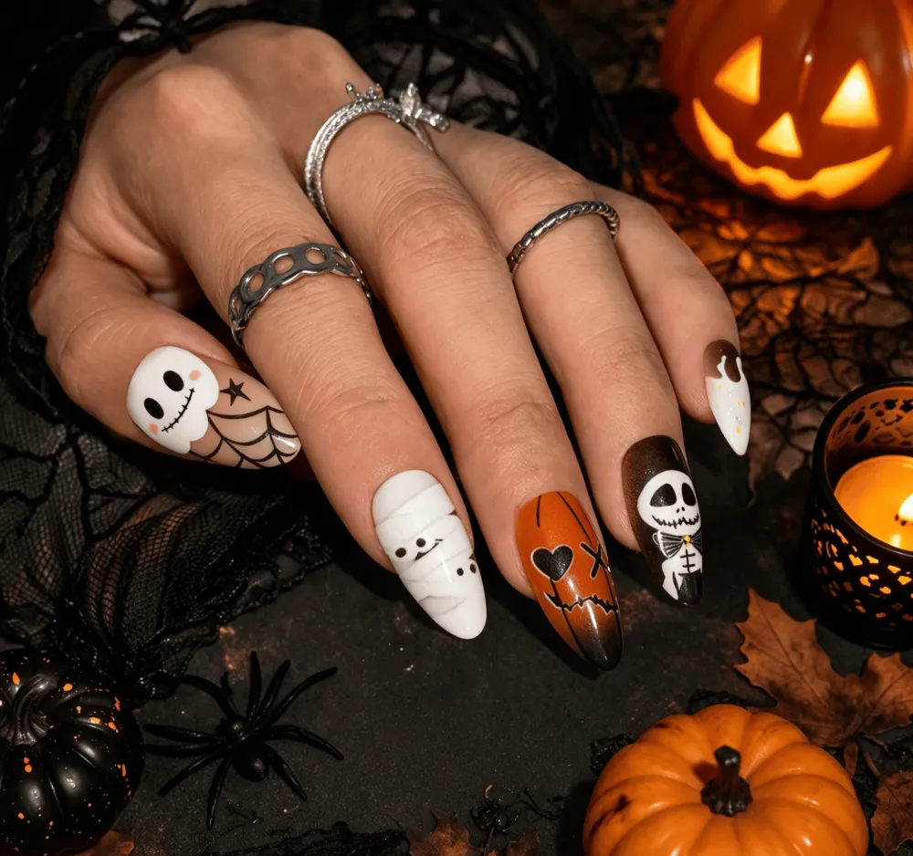 Nailhour 24Pcs Halloween Ghost Holiday Short Almond Press On Nails