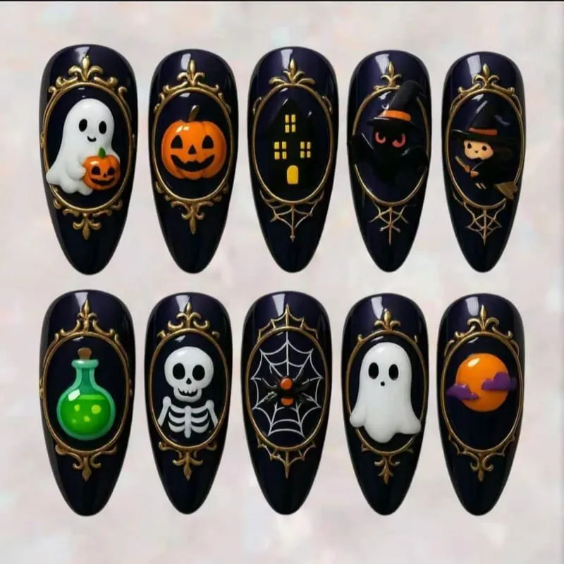 Nailhour 24Pcs Skeleton Ghost Scary 3D Halloween Medium Almond Press On Nails
