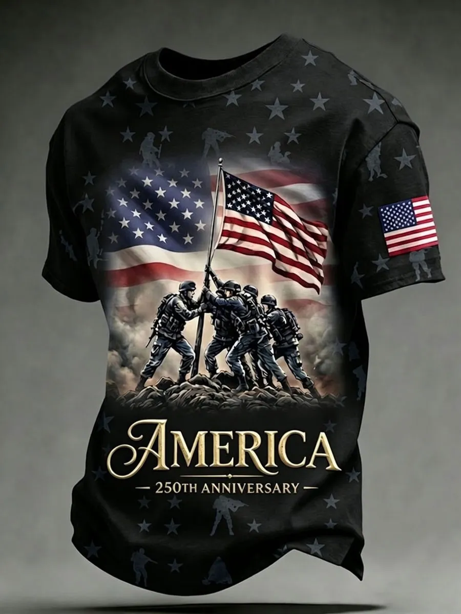 Men'S Retro America 250 National Flag Print Casual T Shirt