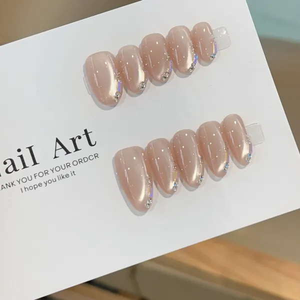 Nailhour 10Pcs Handmade Nude Cat Eye Short Oval Press On Nails