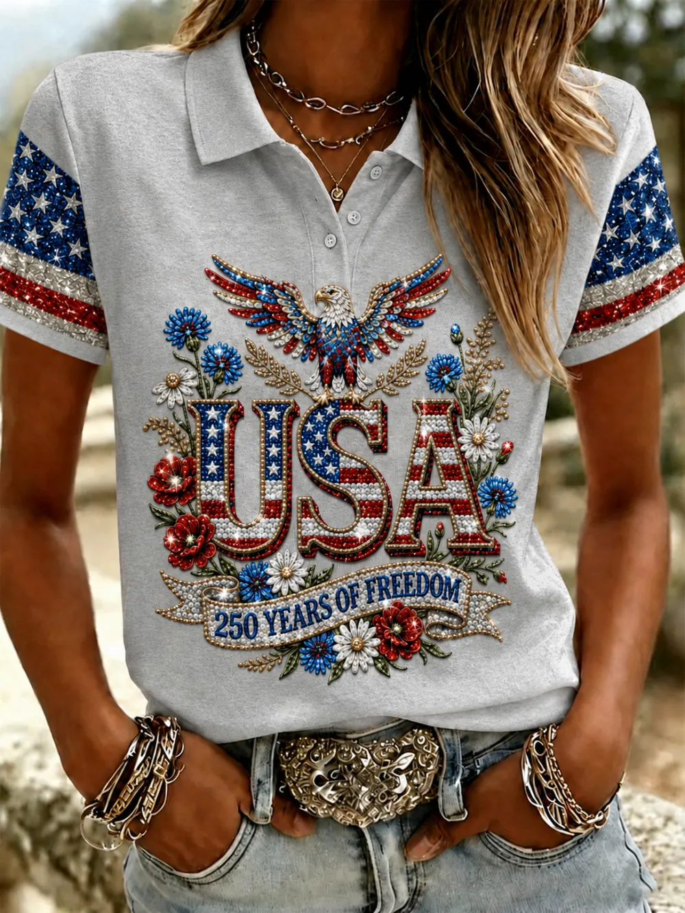 Women'S Casual American Independence Day Printed Polo Shirt Short Sleeved
