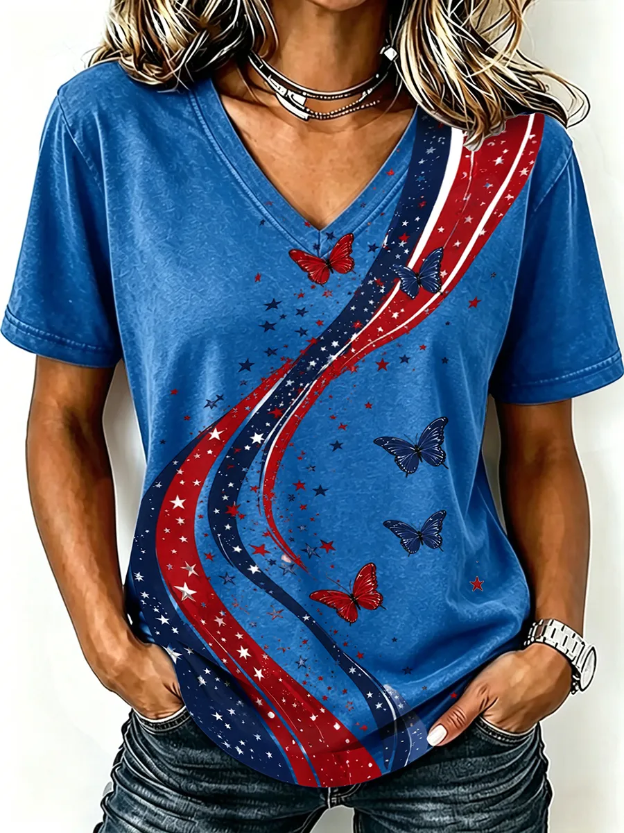 Women'S America Flag  Print Casual V-Neck T-Shirt