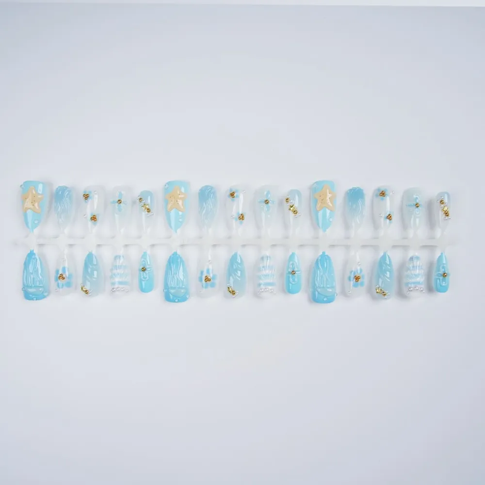 Nailhour 30Pcs Blue Gradient 3D Medium Almond French Press On Nails