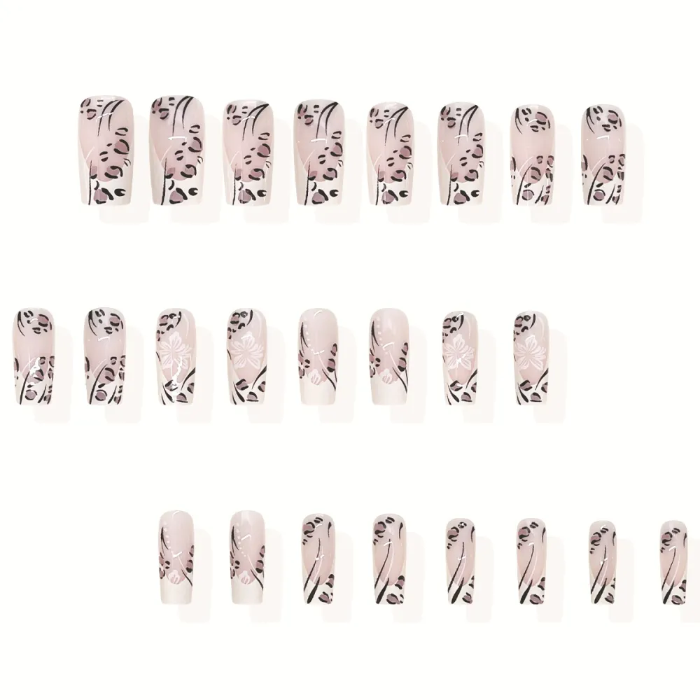 Nailhour 24Pcs French Floral Long Square Press On Nails