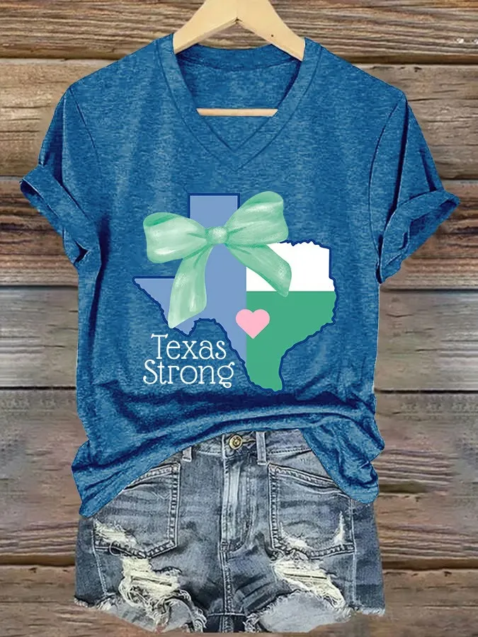 V-Neck Retro Texas Strong Bow Print Short Sleeve T-Shirt