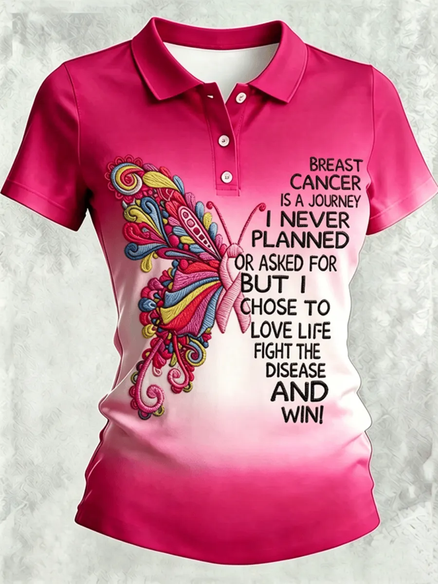 Women'S Casual Breast Cancer Awareness Print Polo Shirt