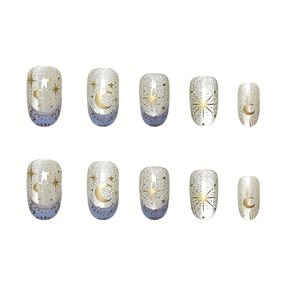 Nailhour 24Pcs Blue Gilded Cat Eye Gradient Short Oval Press On Nails