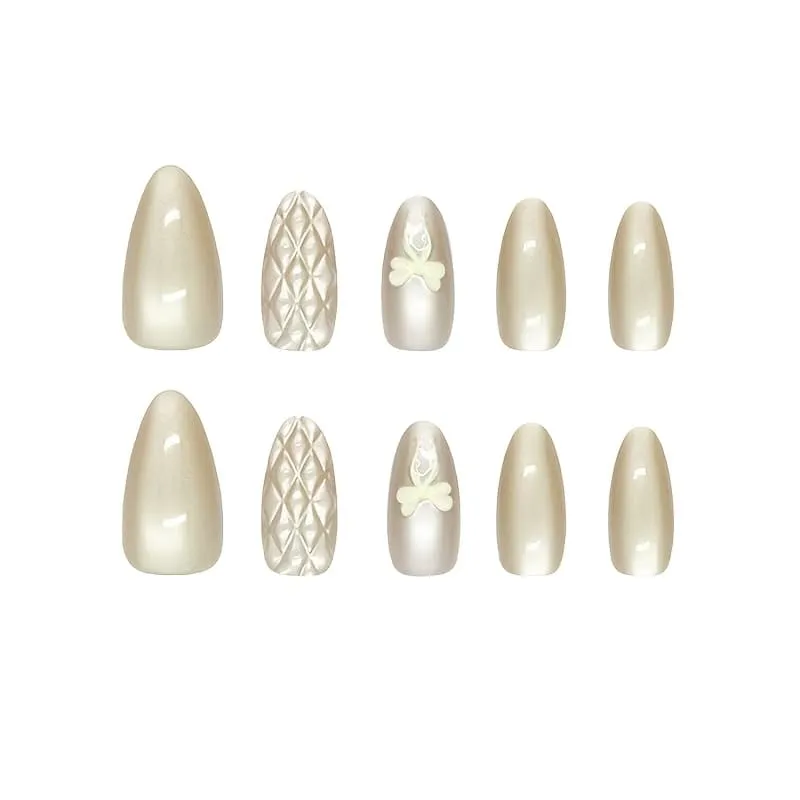 Nailhour 10Pcs 3D French Nude Cat Eye Short Almond Press On Nails
