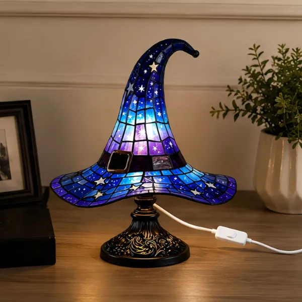 Halloween Witch Hat Lamps Resin Decorative USB Plug Light Ornament（11*8*18cm）