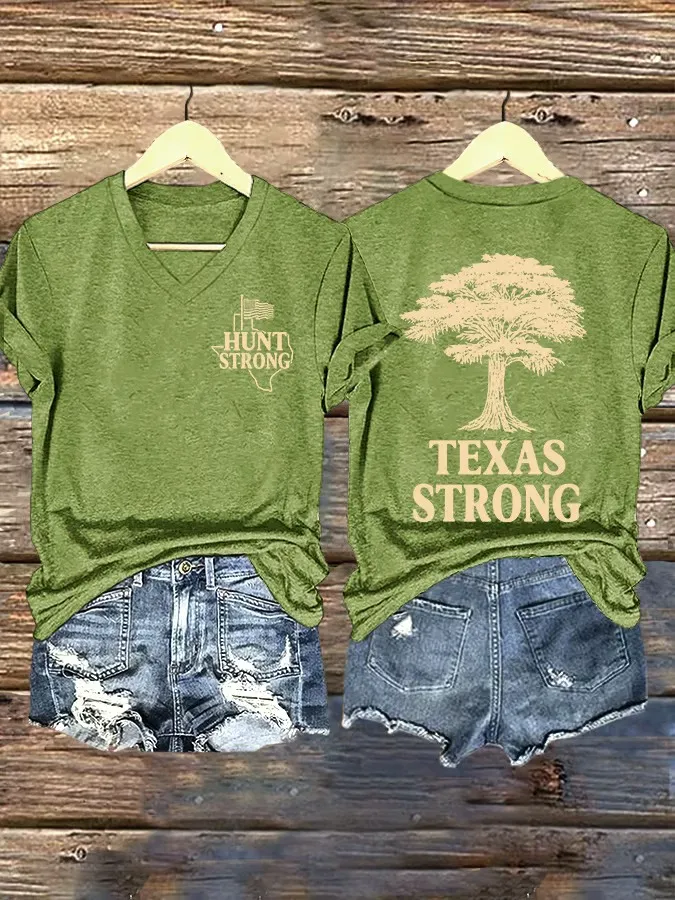 V Neck Retro Texas Strong Hunt Strong Print T-Shirt