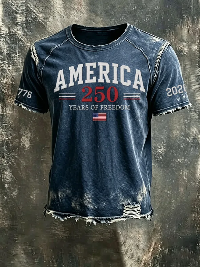Men'S 250th Anniversary  Casual Washed Cotton And Linen Raglan Short Sleeved T-Shirt