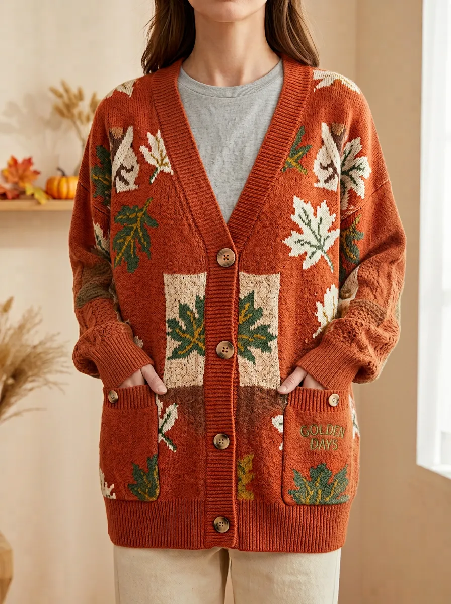 Botanical Maple Leaf Patterned Women's Knit Cardigan