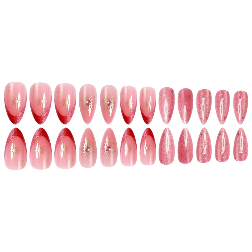 Nailhour 24Pcs Pink Gilded Y2K Medium Almond Press On Nails
