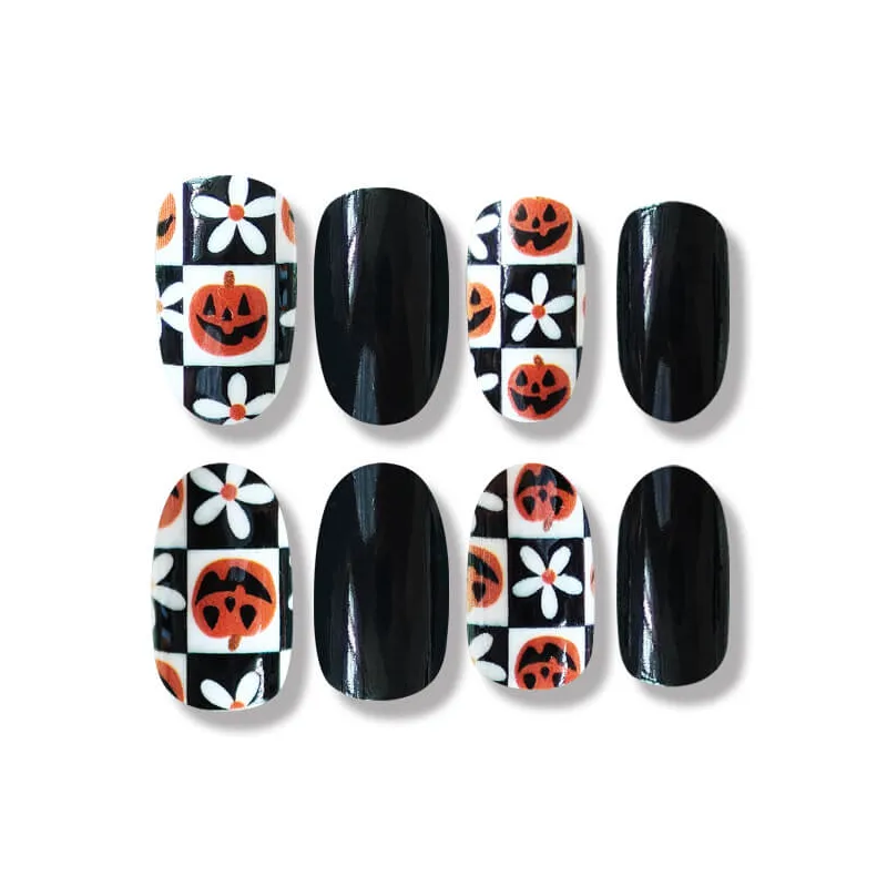 Nailhour 24Pcs Halloween Medium Oval Pumpkin Checkerboard Press On Nails