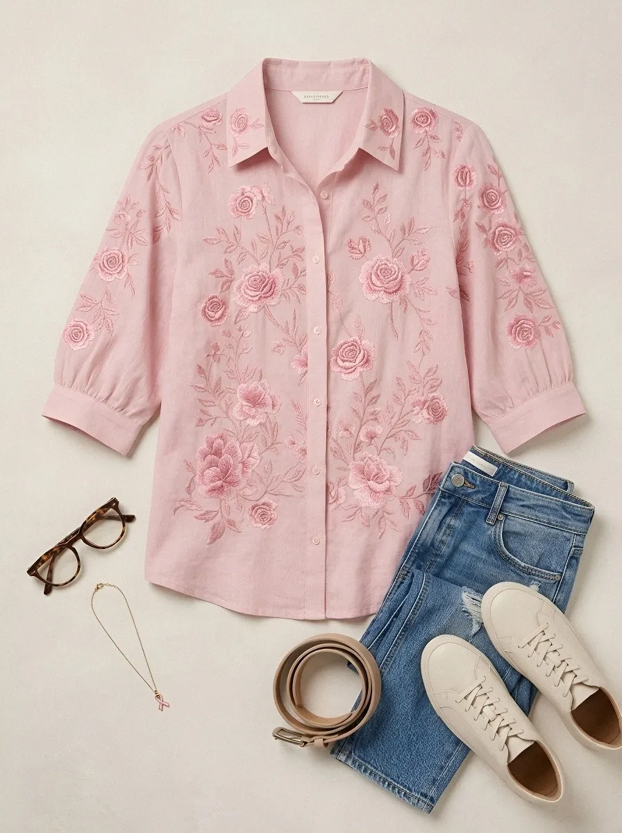Women's Breast Cancer Awareness Pink Rose Floral Embroidered Button-Down Shirt