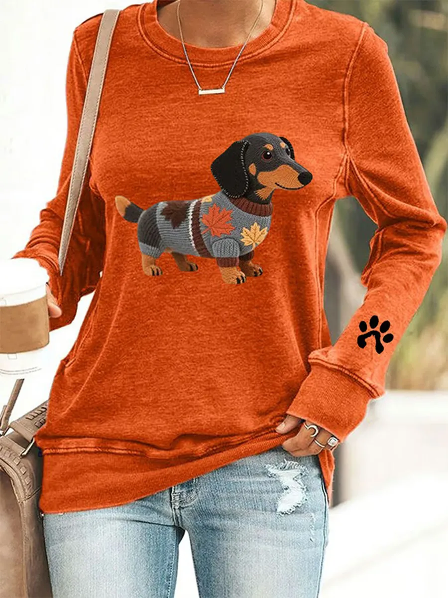 Women's Dog Art Print Round Neck Cotton Sweatshirt