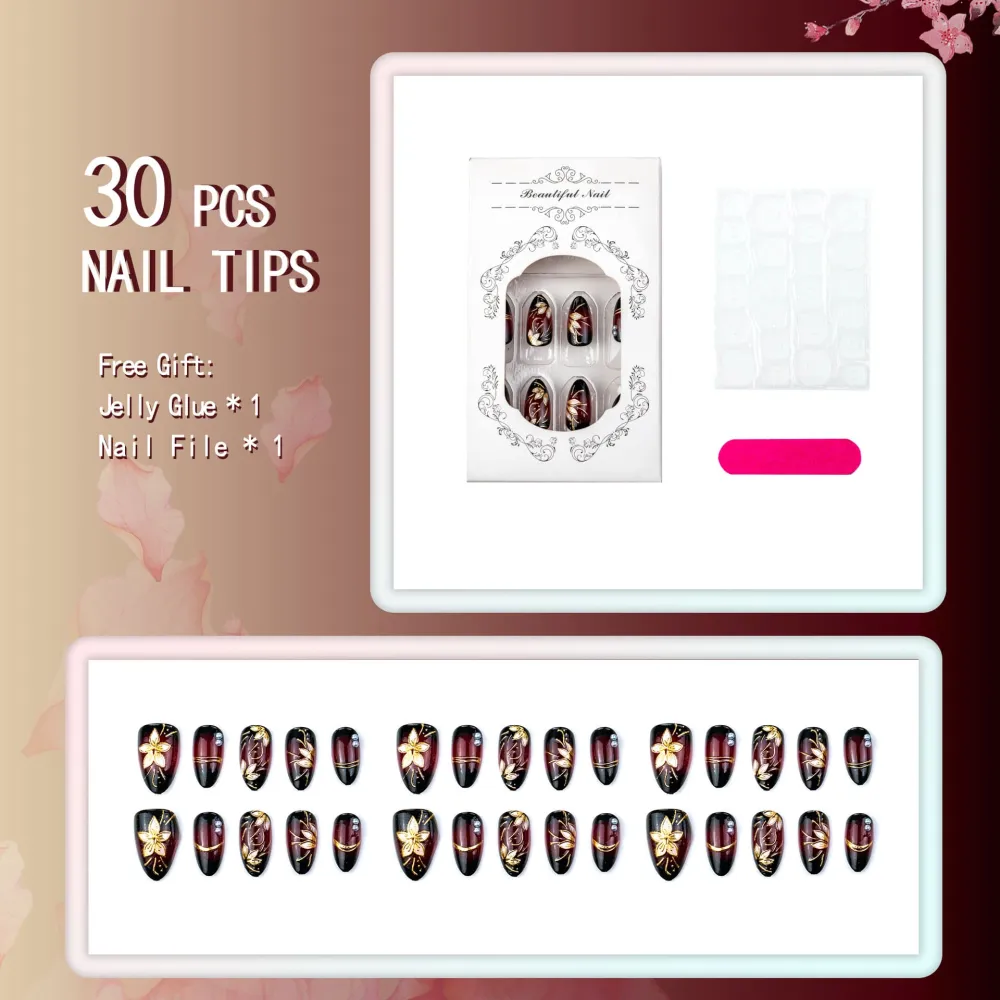 Nailhour 30Pcs 3D Pearl Medium Almond Gilded Press On Nails