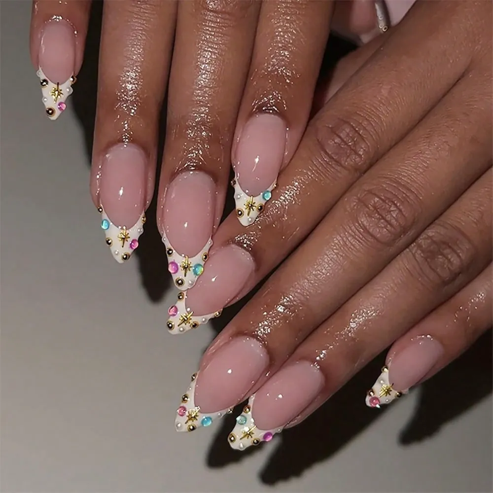 Nailhour Nude 24pcs White French Stiletto Medium False Nails