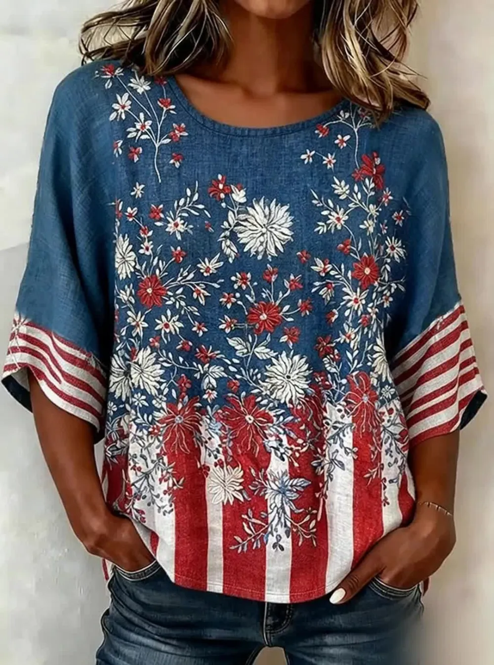 Women's Casual Round-Neck Printed Cotton-Linen Top