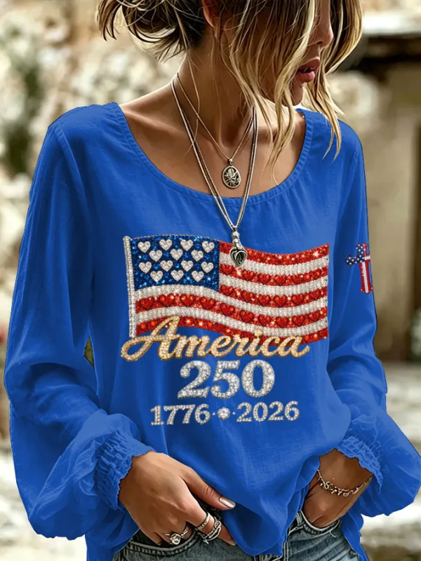 Women'S America Flag Printed Casual Cotton And Linen Top